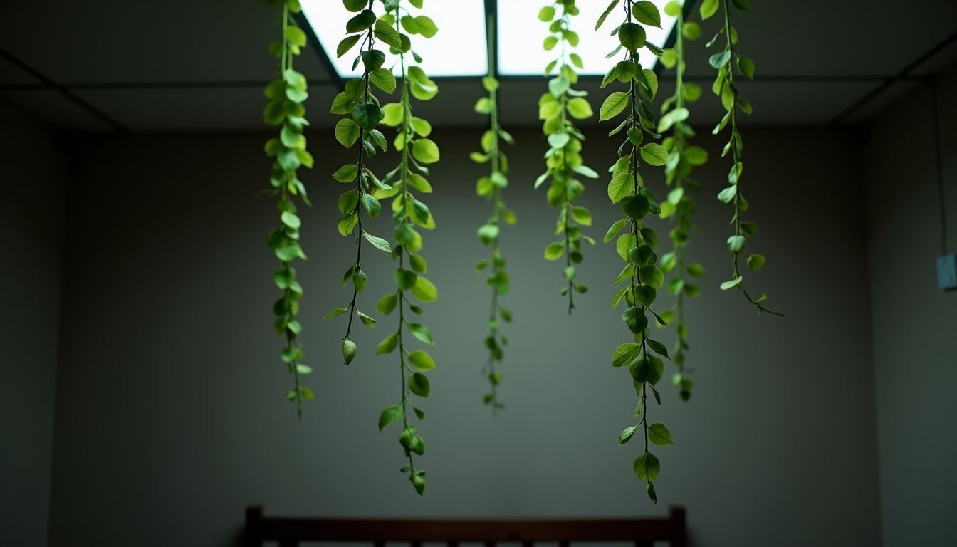 A casual photo of hanging artificial vines in a dimly lit room.