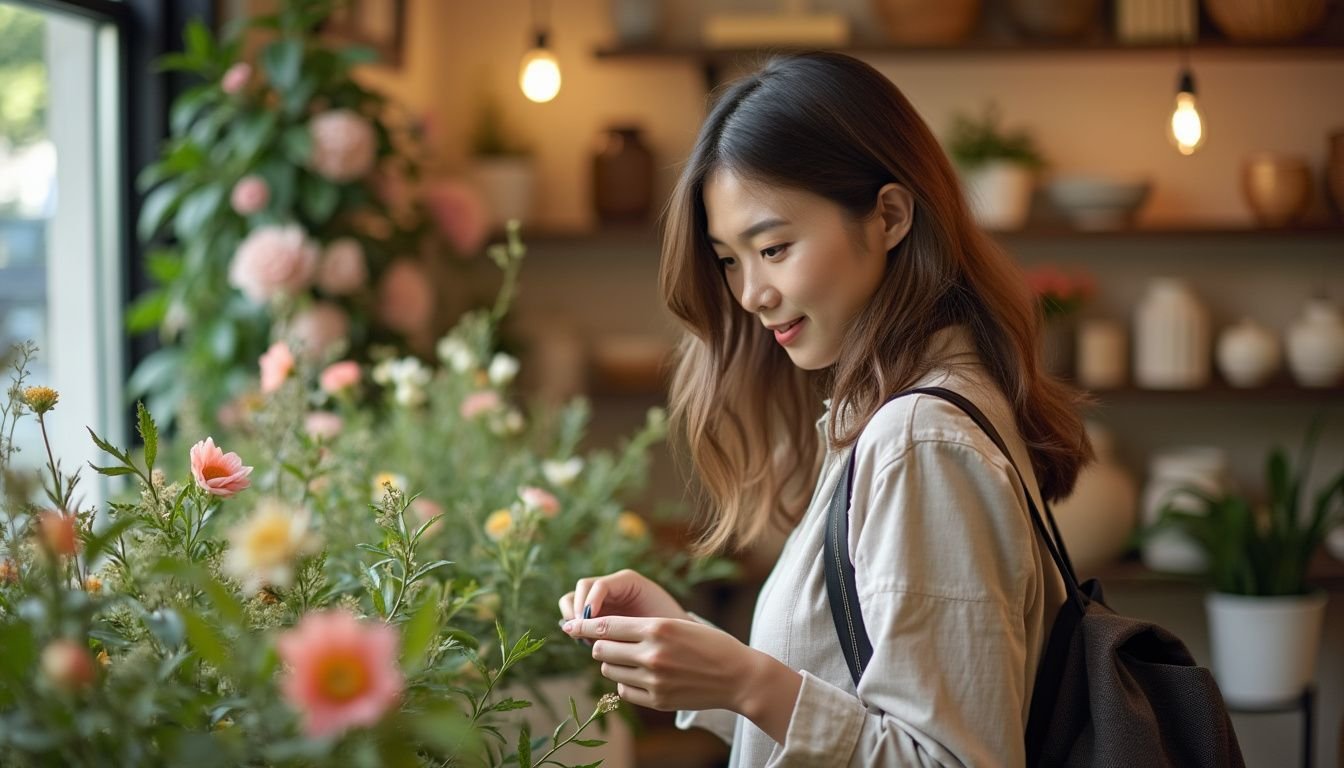 A woman in her 30s browsing artificial flower vines in a store.