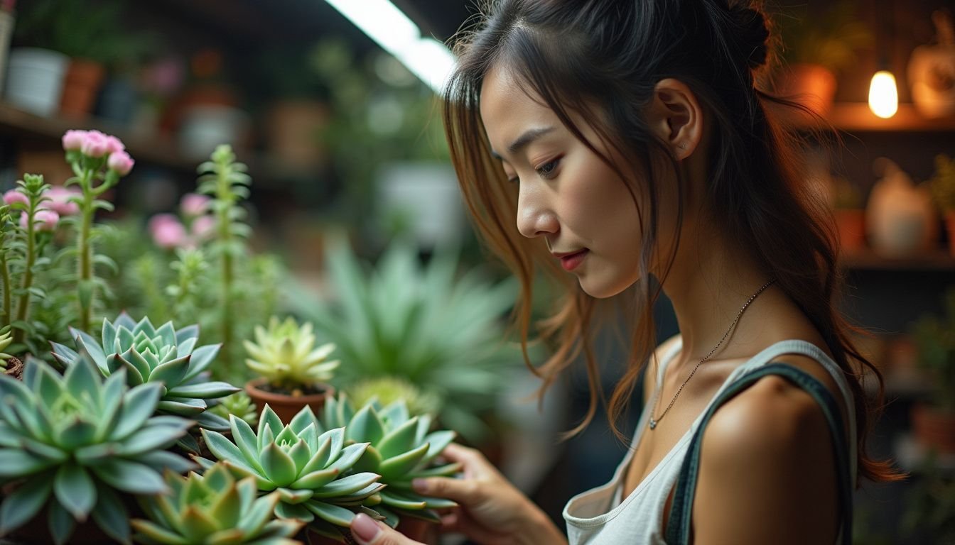 A woman in casual clothes chooses fake succulents in a shop.