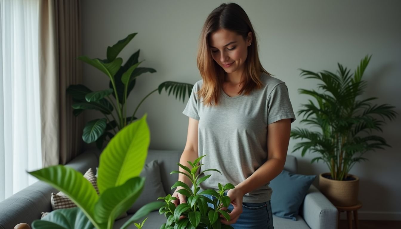 A woman arranging faux plants in her modern, minimalist living room.