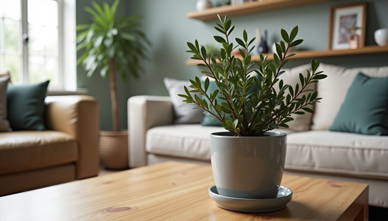 A close-up of a faux potted olive plant on a modern coffee table.