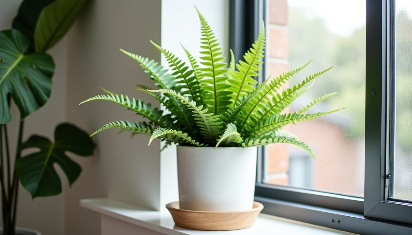 A faux staghorn fern sits on a modern shelf in a contemporary home.