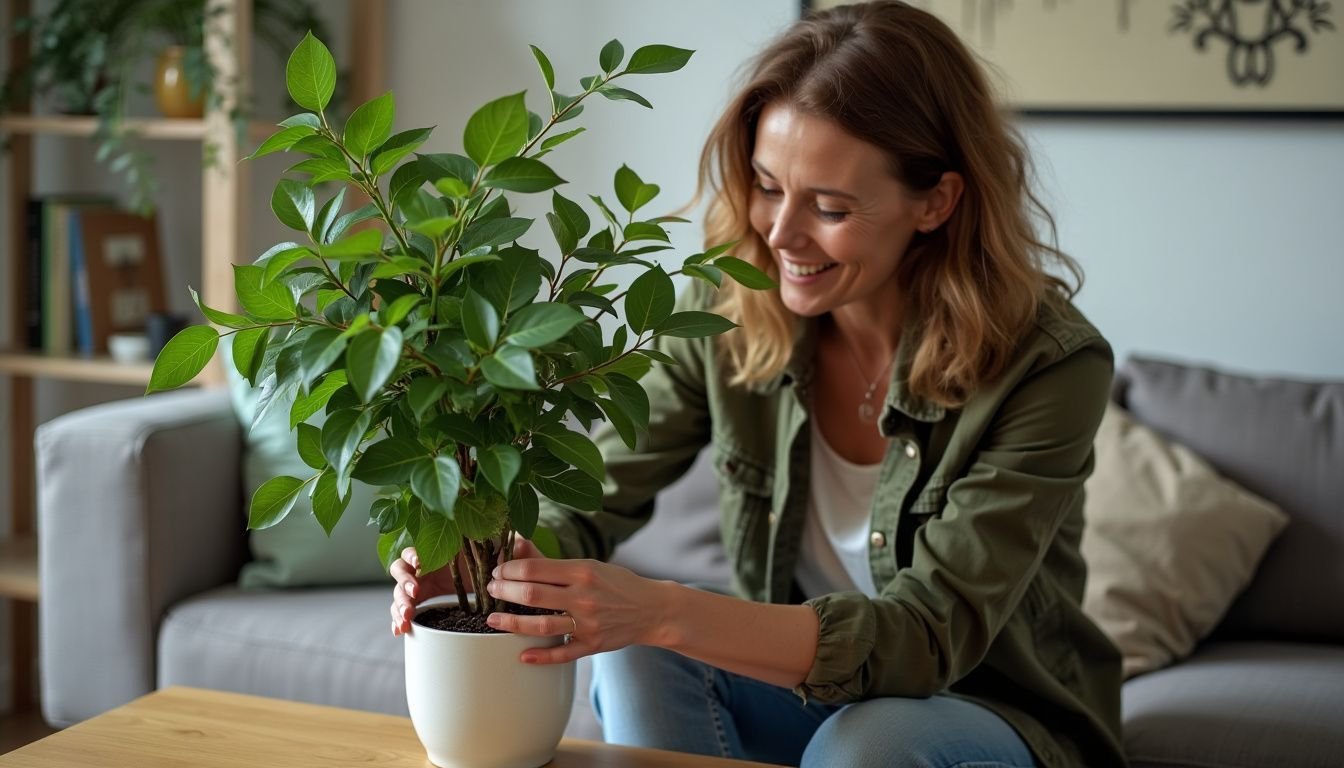 A woman arranges artificial plants in her cozy living room.