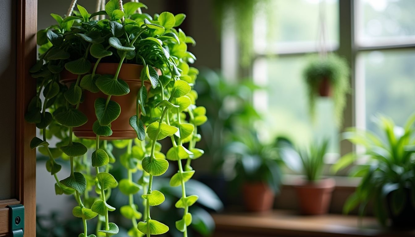 Close-up of realistic artificial hanging vines from Bindy in a vibrant setting.