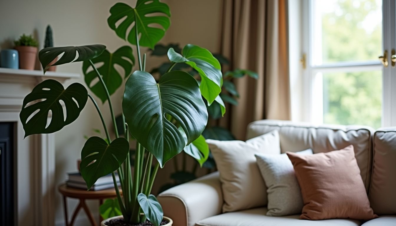 A cozy living room with a 120cm Cooper & Co Artificial Fiddle Leaf Plant as the main focus.