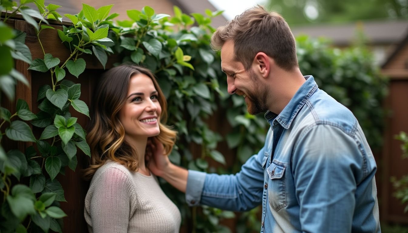 A couple in their 30s decorating their outdoor patio with artificial ivy garlands.