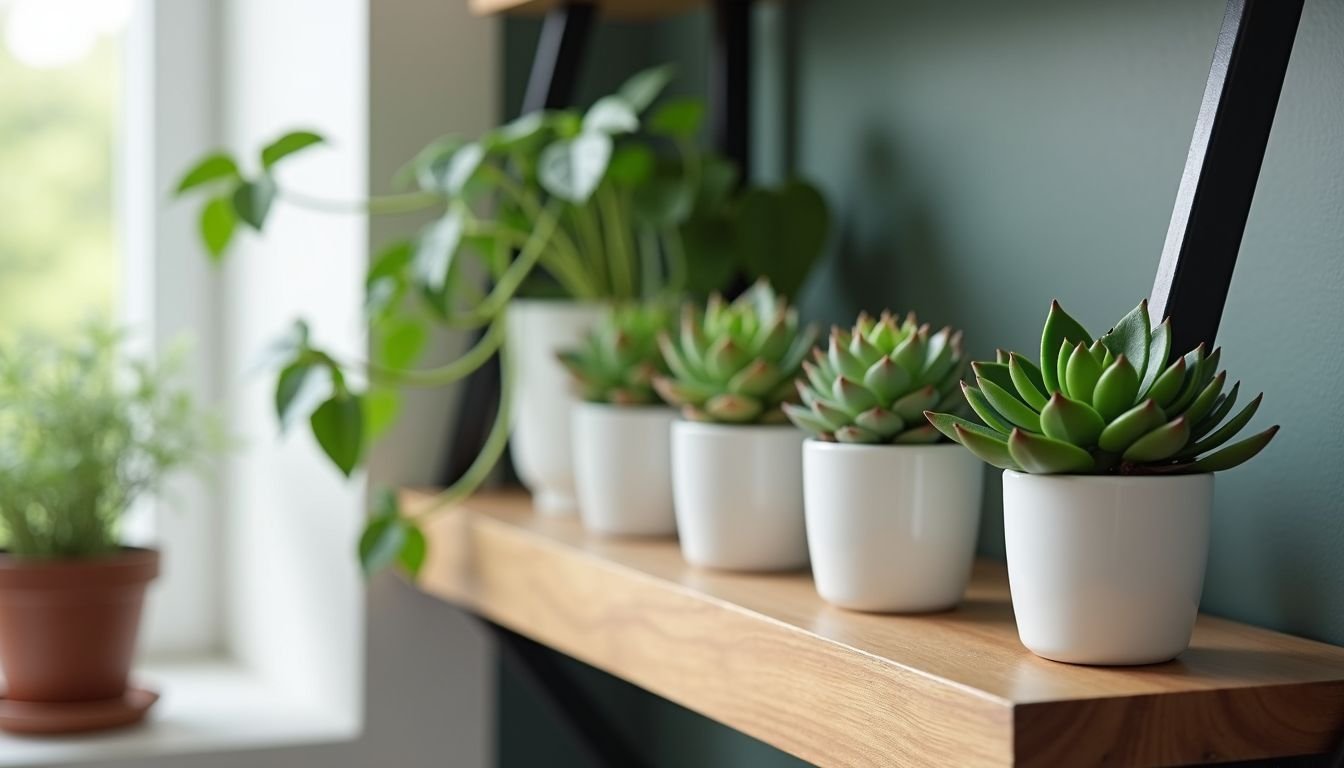 A cozy living room with ZENIDA artificial succulent plants in white pots.