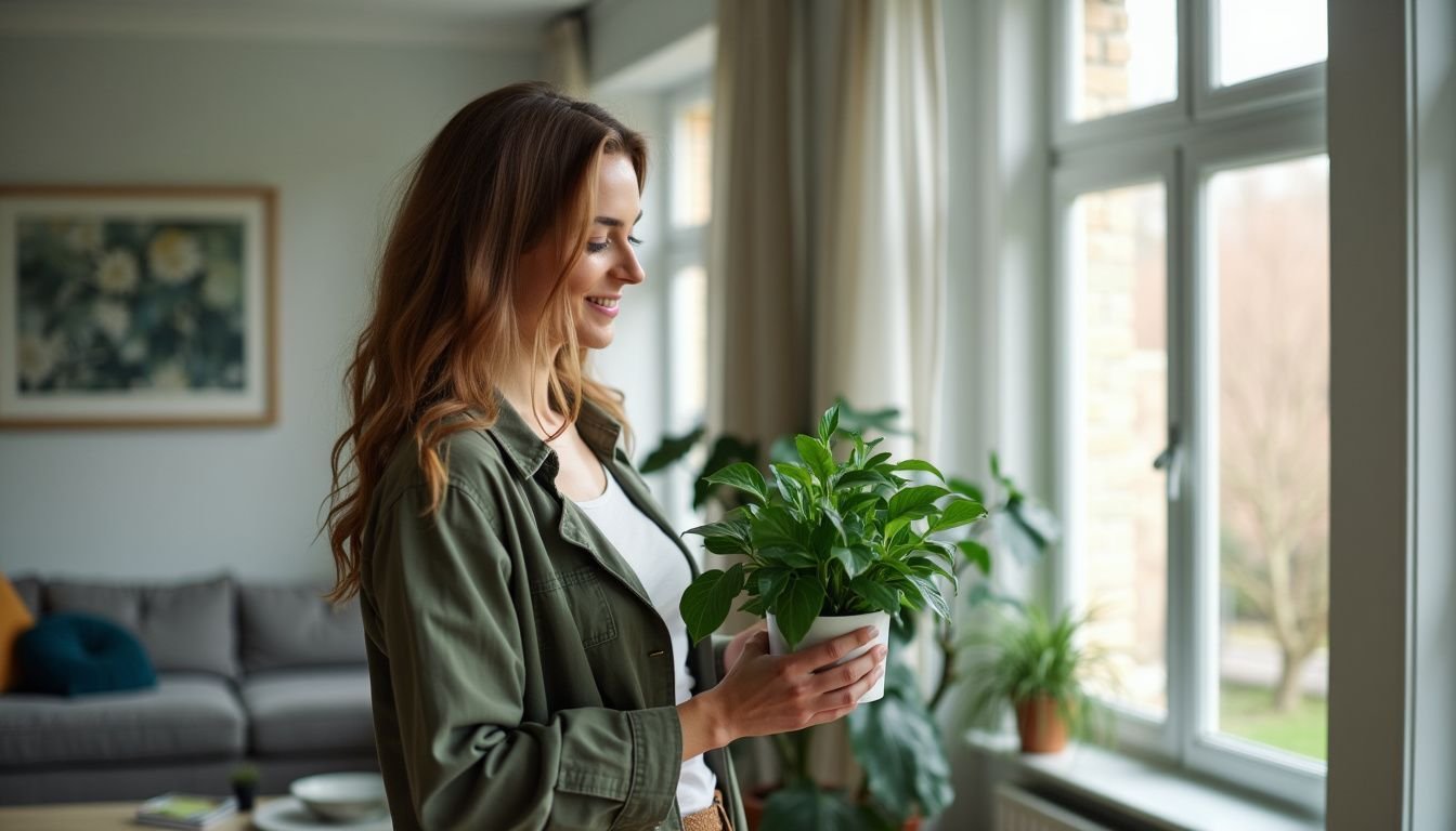 A woman in her 30s appreciates a faux plant in a modern living room.