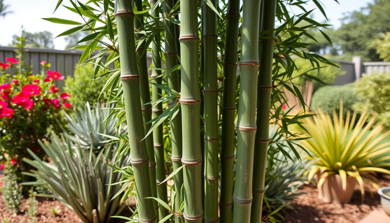 A lifelike artificial bamboo plant in a beautifully landscaped Australian garden.