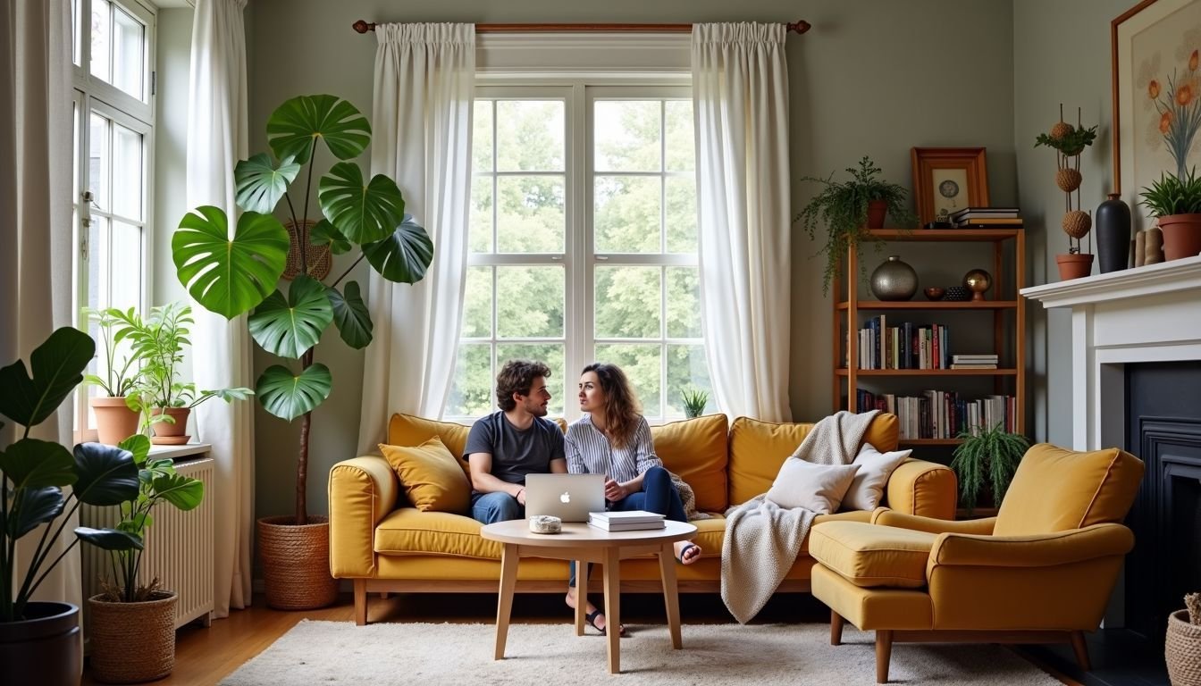 A cozy living room with modern furniture and a Fiddle Leaf Fig tree.