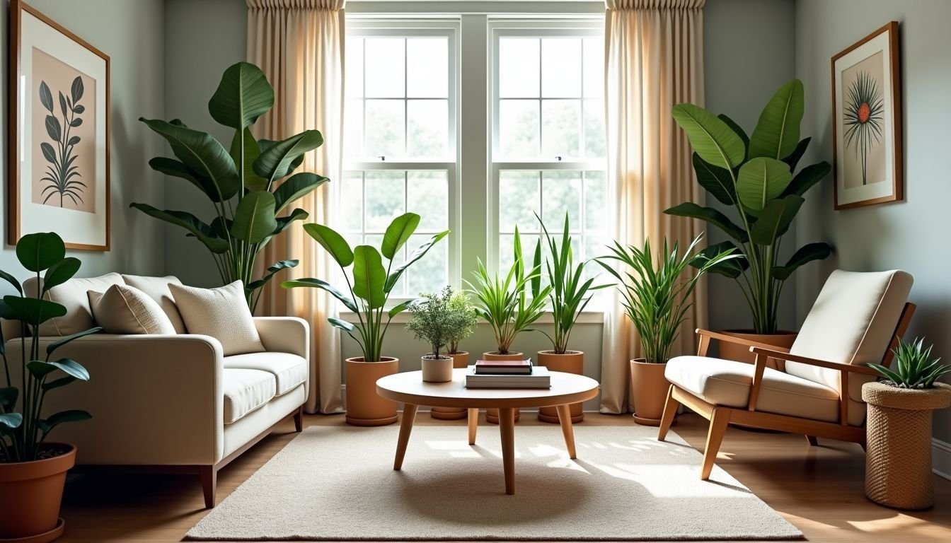 A modern living room decorated with realistic artificial plants from Freedom.