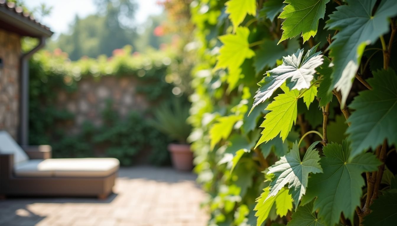 A 152 cm grape leaf vine displayed on a sunny outdoor patio.