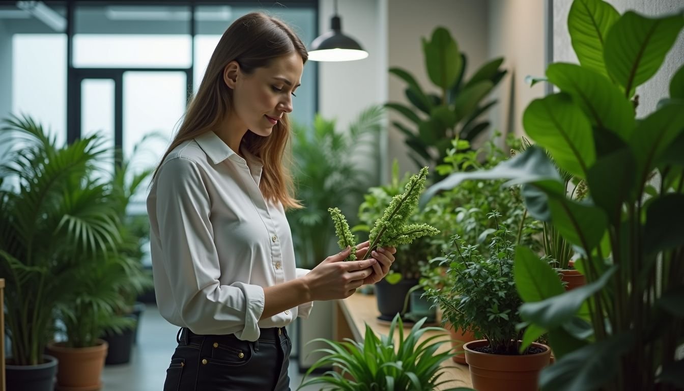 A woman is choosing artificial plants for office decor.