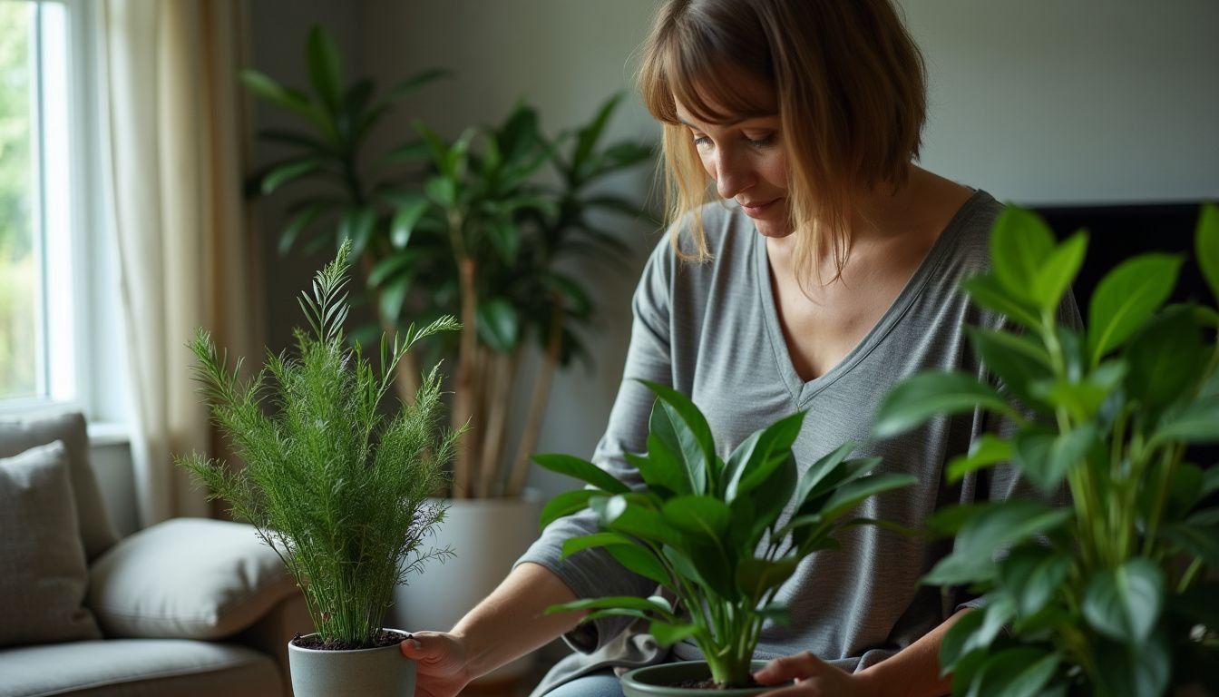 A woman in her 30s choosing faux plants for her living room.