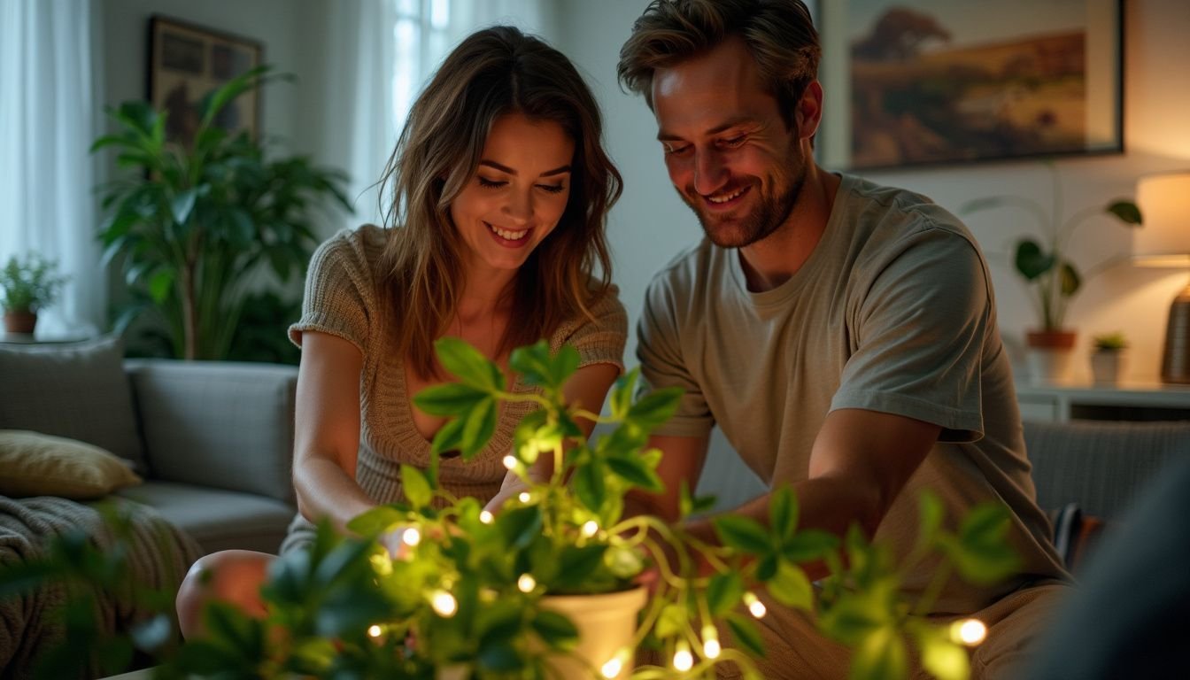 A couple in their 30s happily decorating their living room with artificial plants.