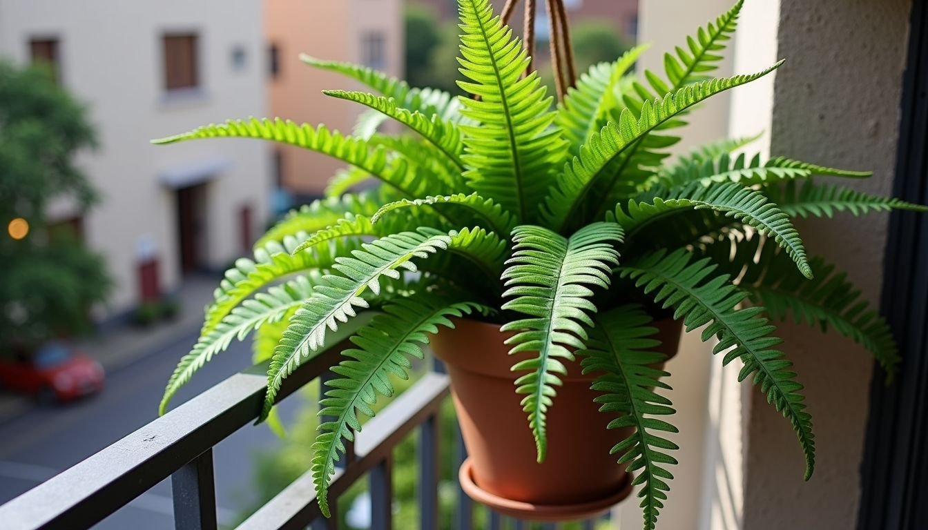 A 100 cm Hanging Artificial Boston Fern adds warmth to outdoor seating.