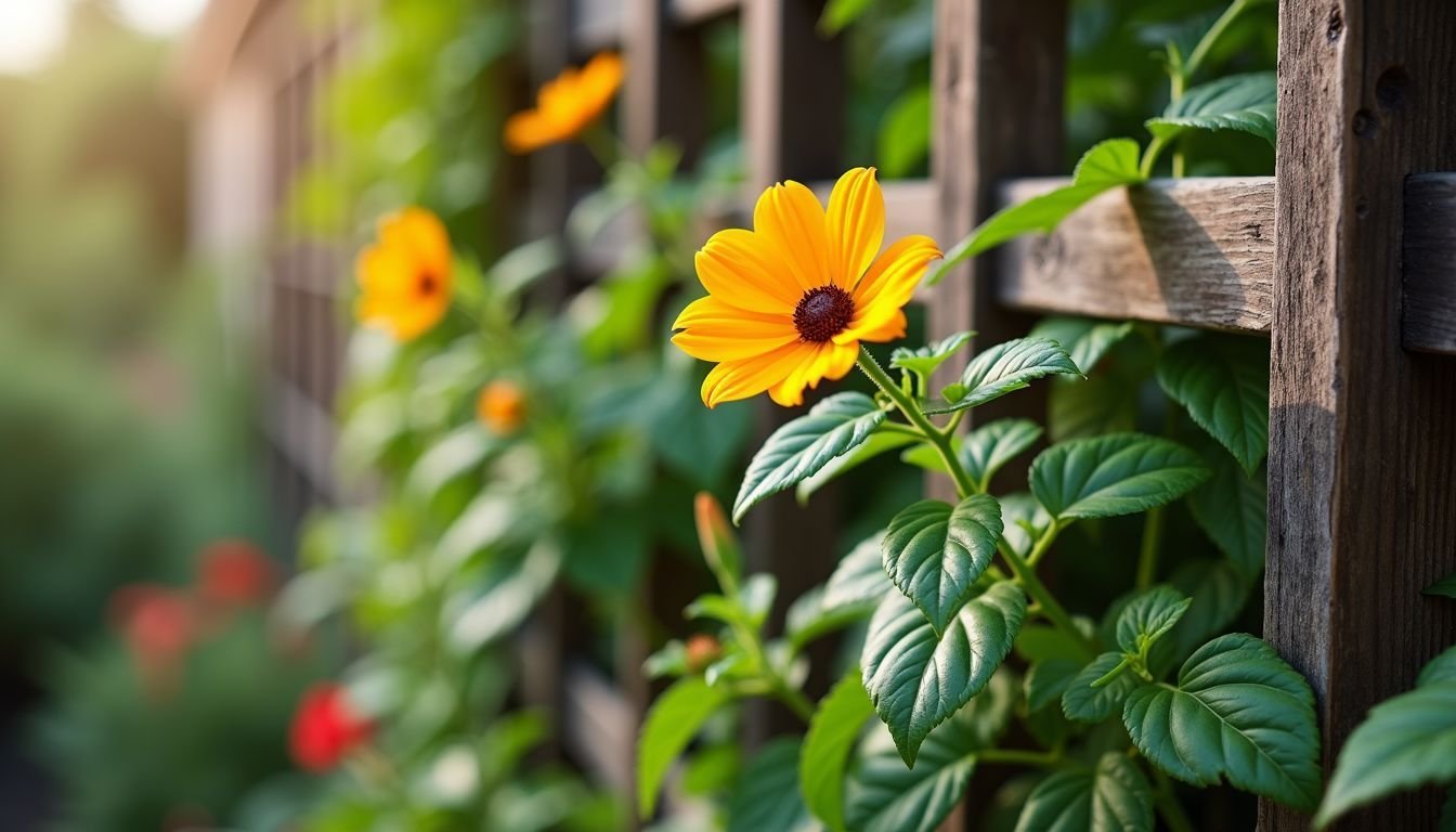 A Happy Wanderer plant climbs a wooden trellis in a lush garden.