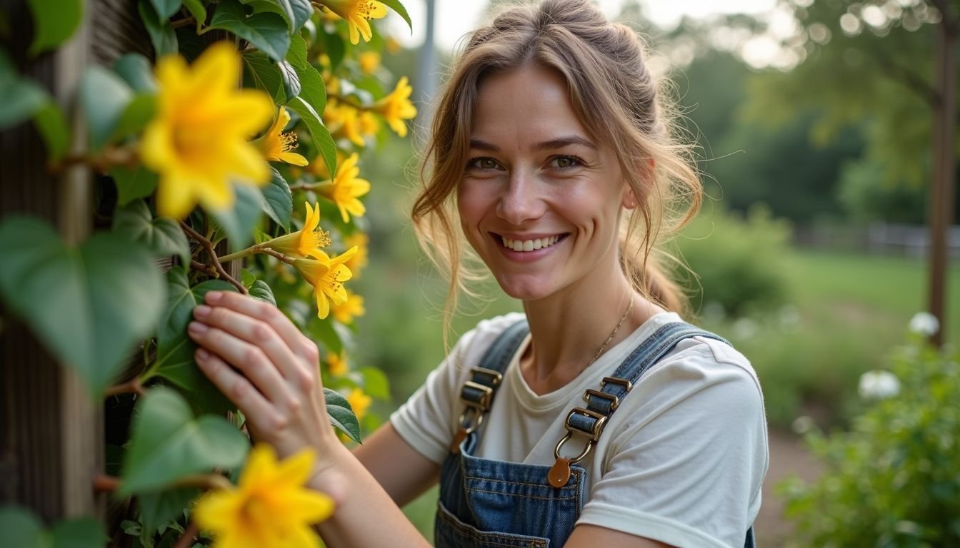 A woman tends to a bright honeysuckle vine in a peaceful garden.