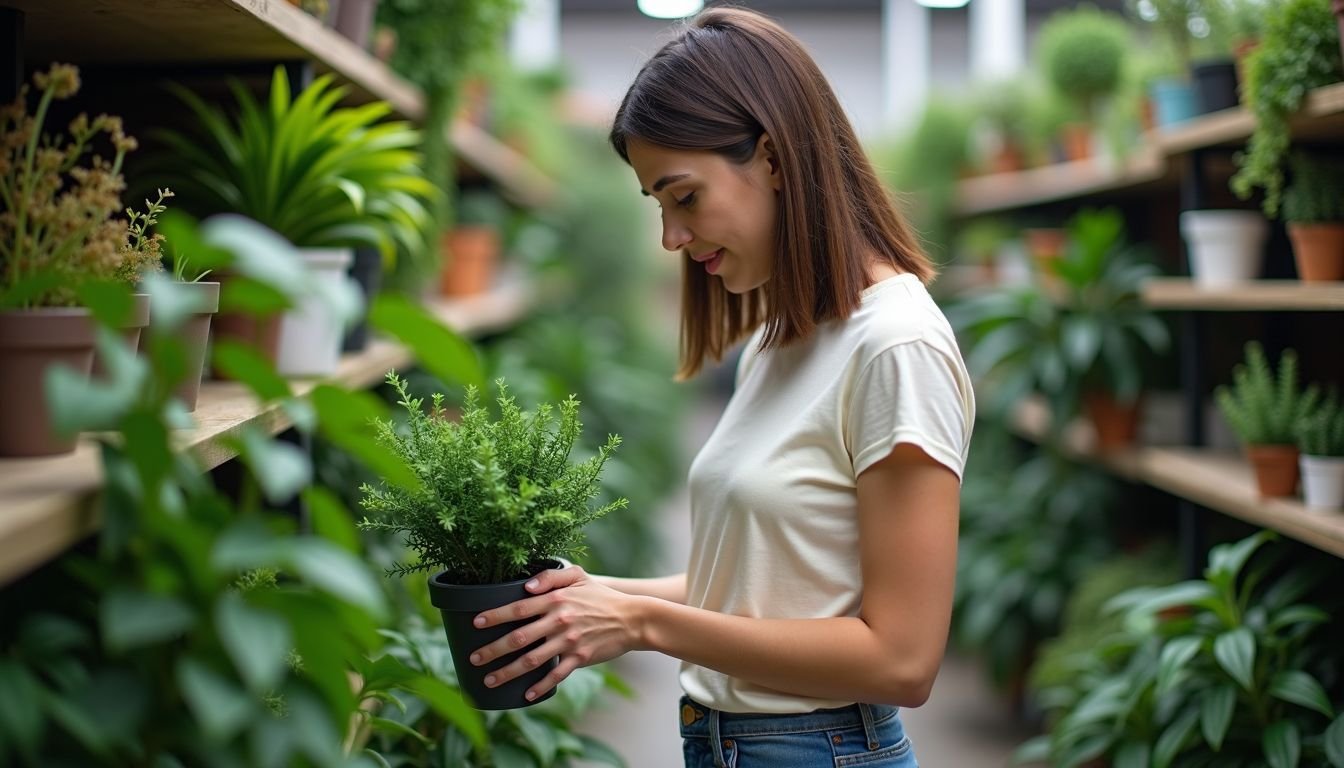 A person examining artificial plants in a store to assess quality.