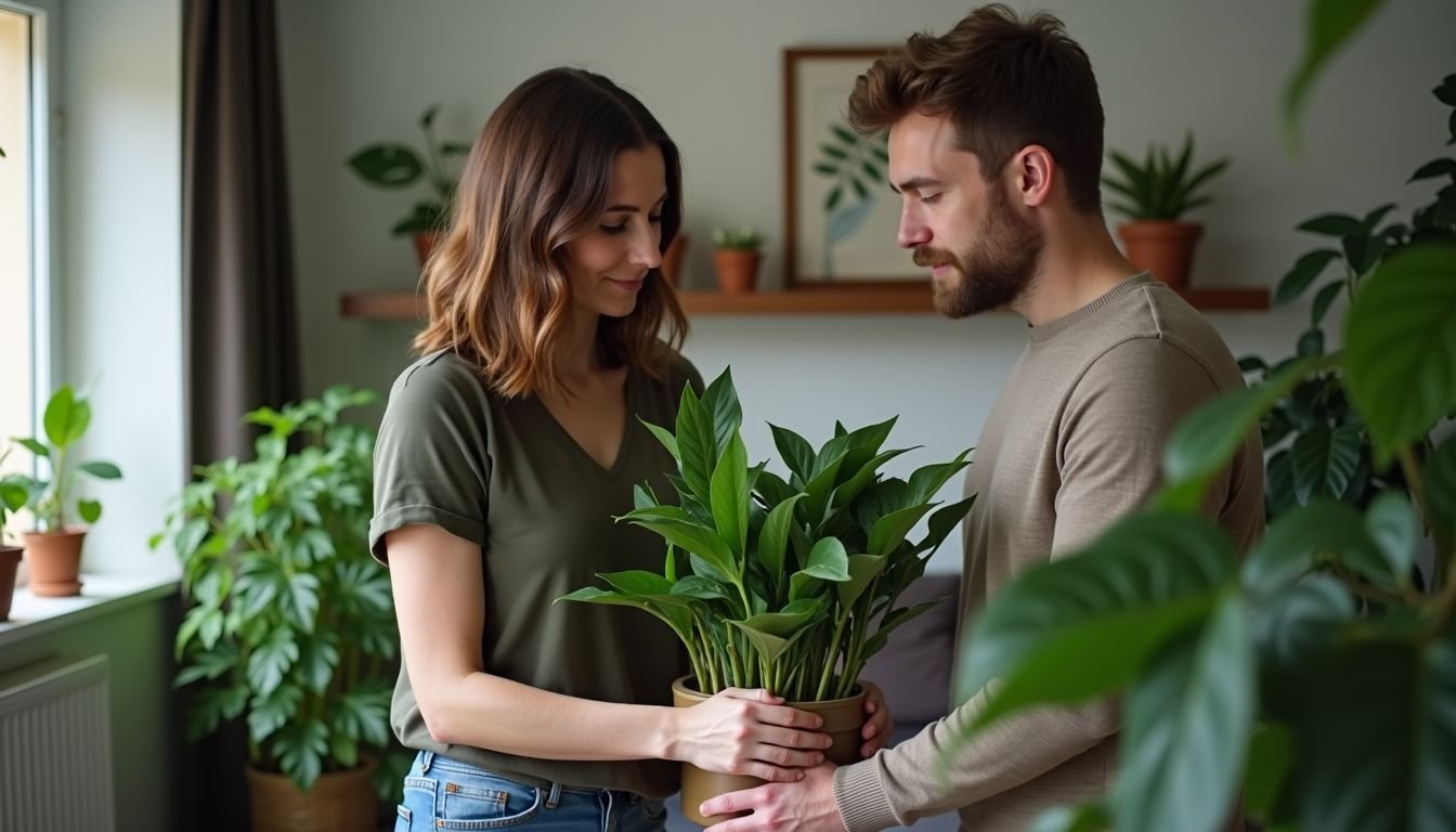 A couple in their 30s decorating a cozy living room with fake plants.