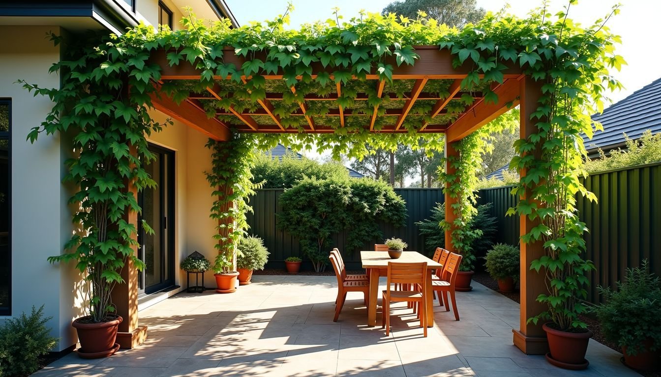 A backyard pergola adorned with vibrant artificial vines creates an inviting outdoor space.