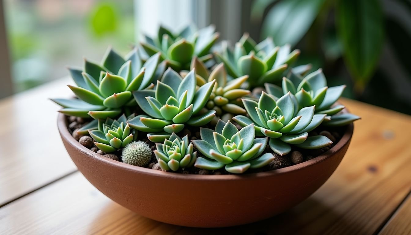 A close-up of a handcrafted succulent bowl on a wooden table.