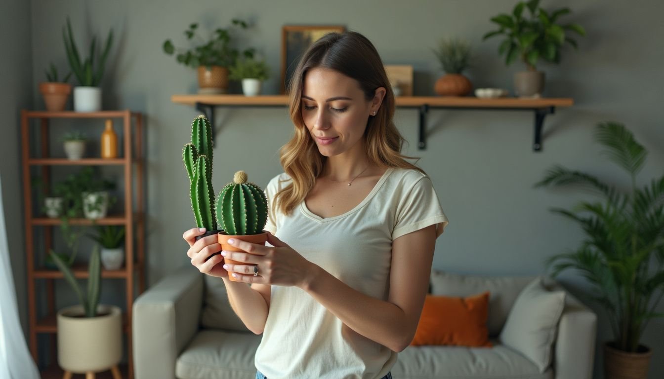 A woman arranging artificial cacti in a modern living room.