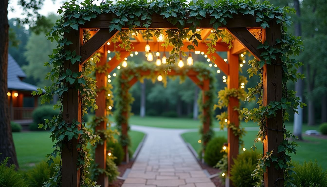 A rustic outdoor wedding arch adorned with vibrant green vines.