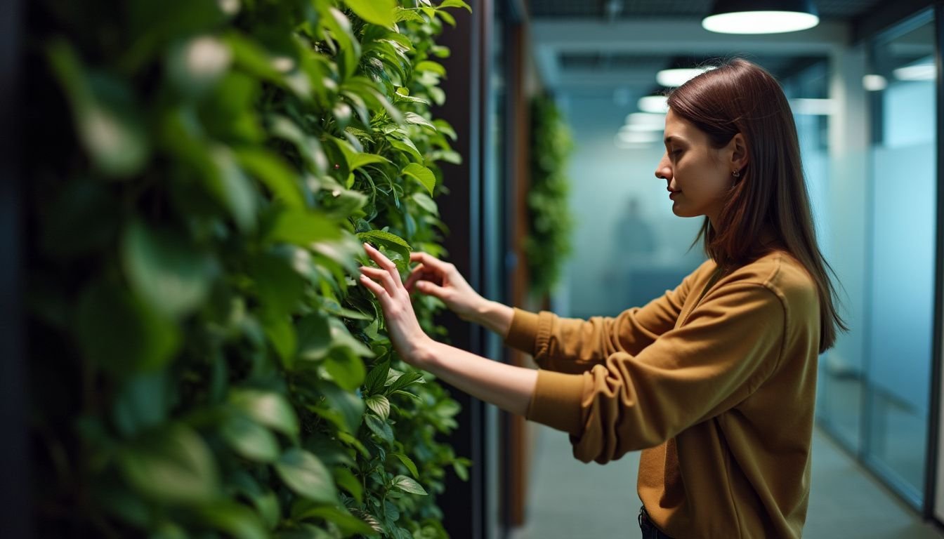 A woman in her 30s setting up fake plants in an office.