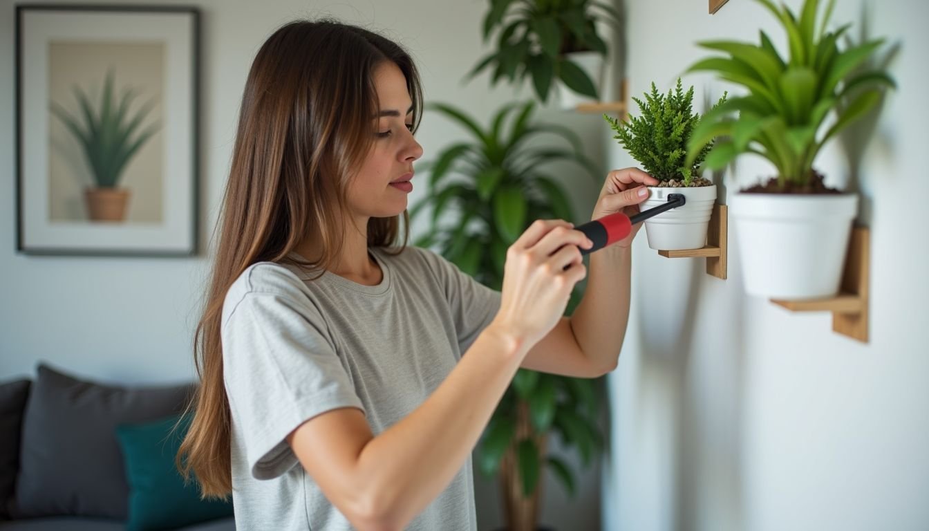 A woman in her 30s is attaching fake plants to a wall.