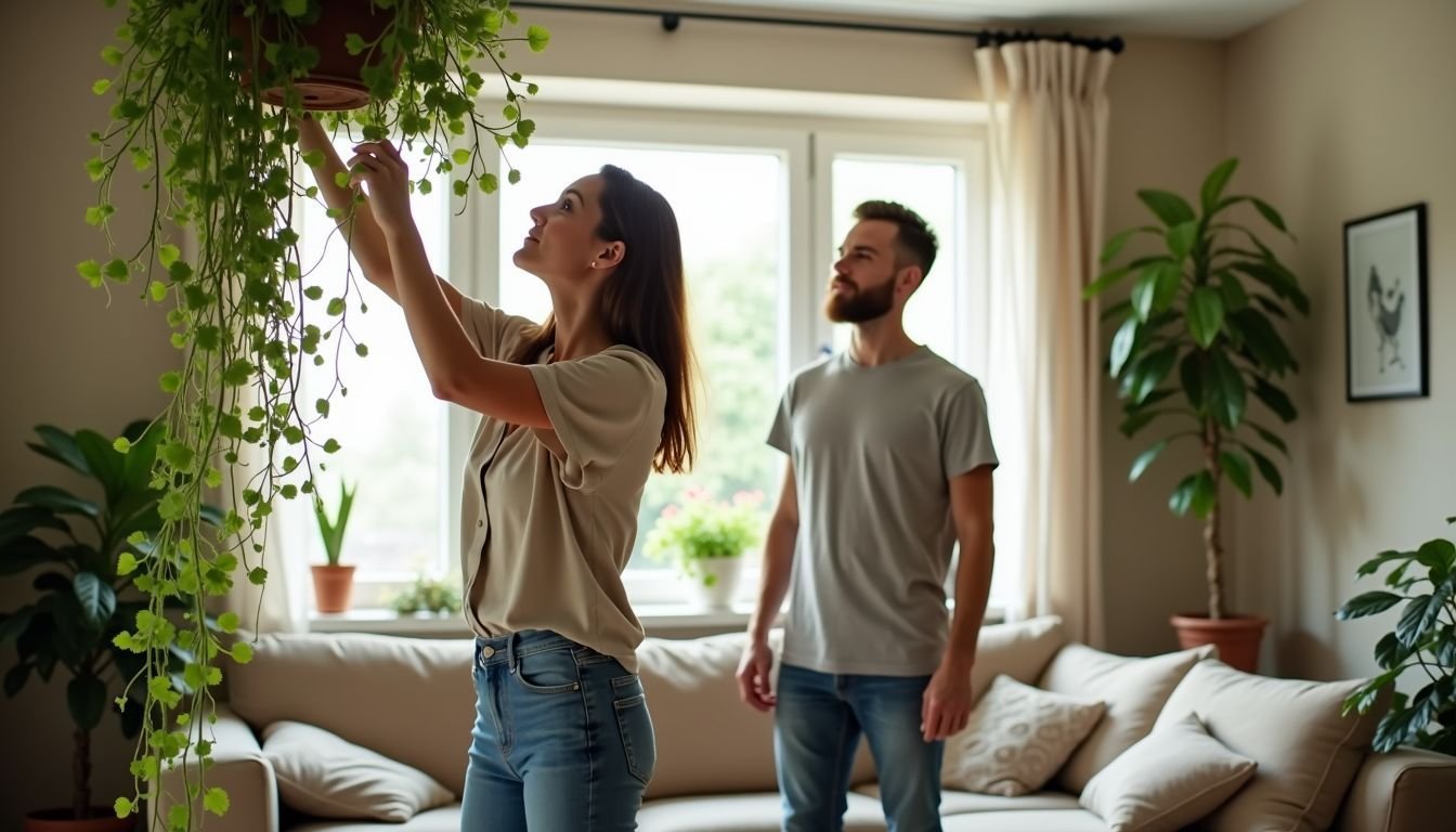 A couple in their 30s decorates their living room with artificial vines.