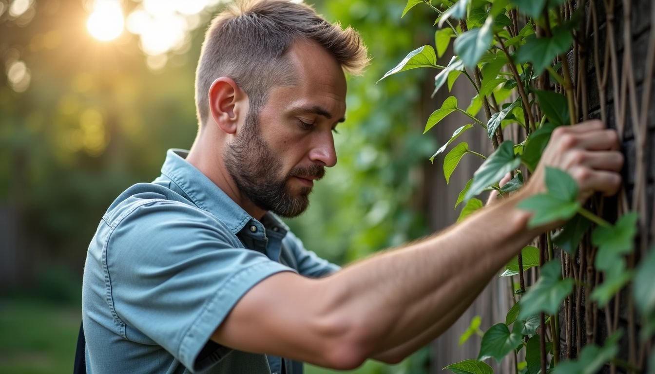 A man in his 30s skillfully installing artificial vines in a backyard garden.