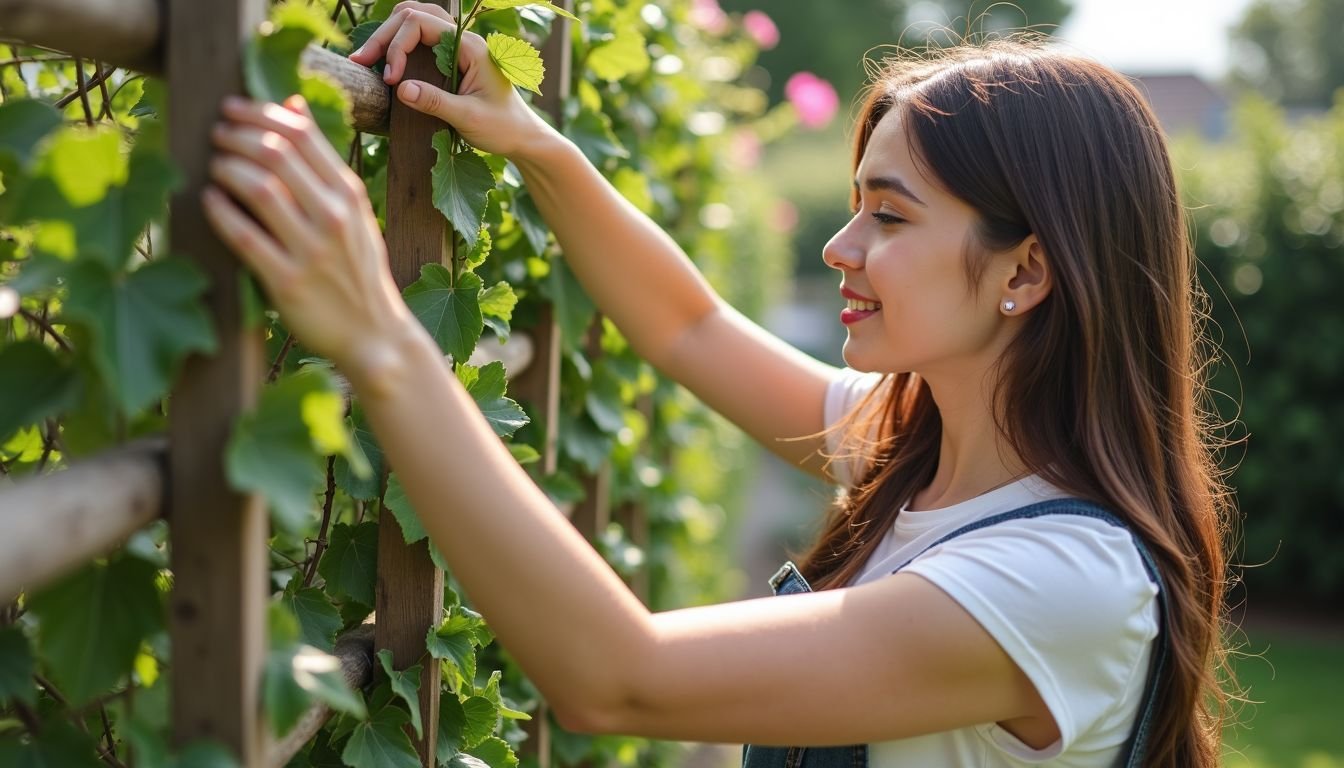 A woman in her 30s hanging artificial flower vines in a garden.