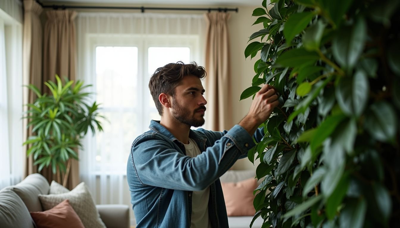 A person in their 30s setting up a faux plant screen in a bright living room.