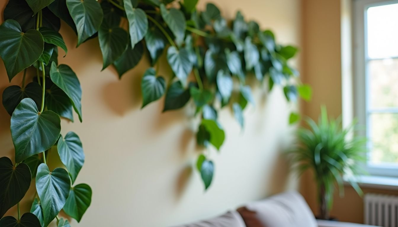 The living room wall is decorated with artificial vines, creating a cozy atmosphere.