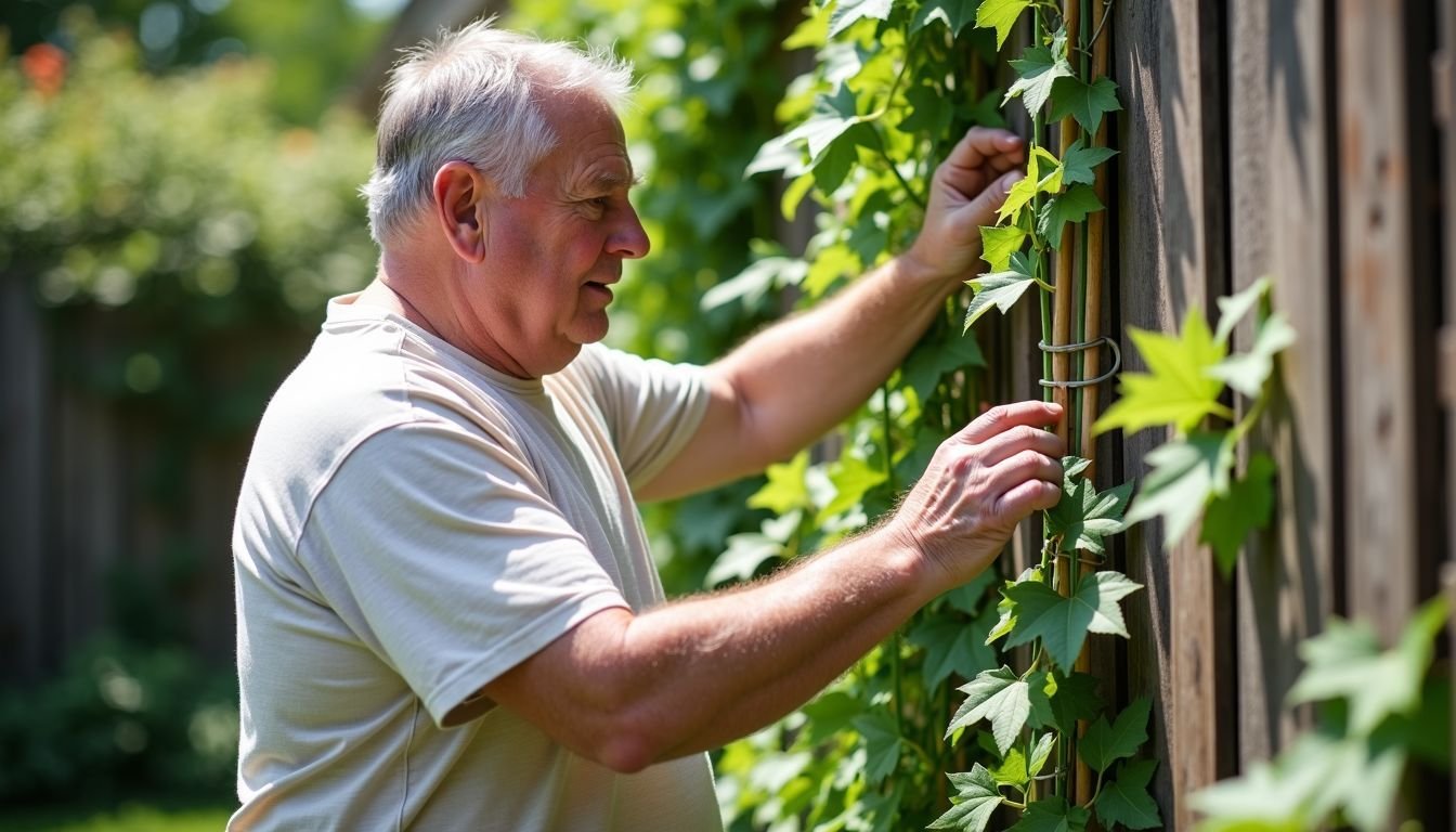 A man attaches artificial vines to a wooden trellis in a garden.