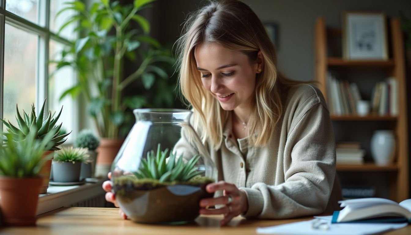 A woman arranging succulents in a cozy home office atmosphere.