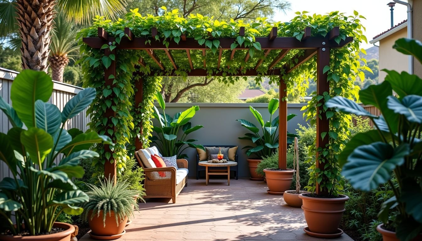 A backyard garden with artificial vines, potted palm trees, and a tropical vibe.