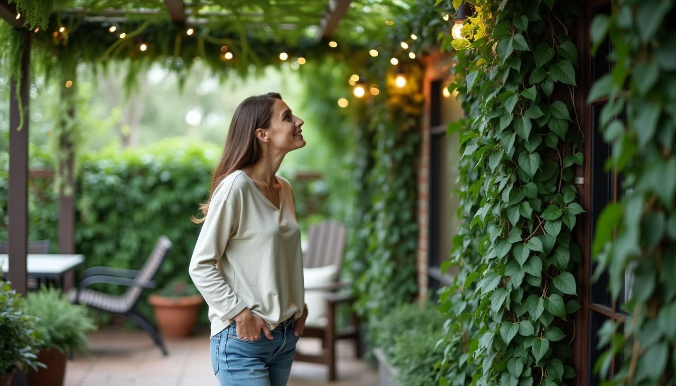 A woman stands on an outdoor patio, surrounded by faux ivy.