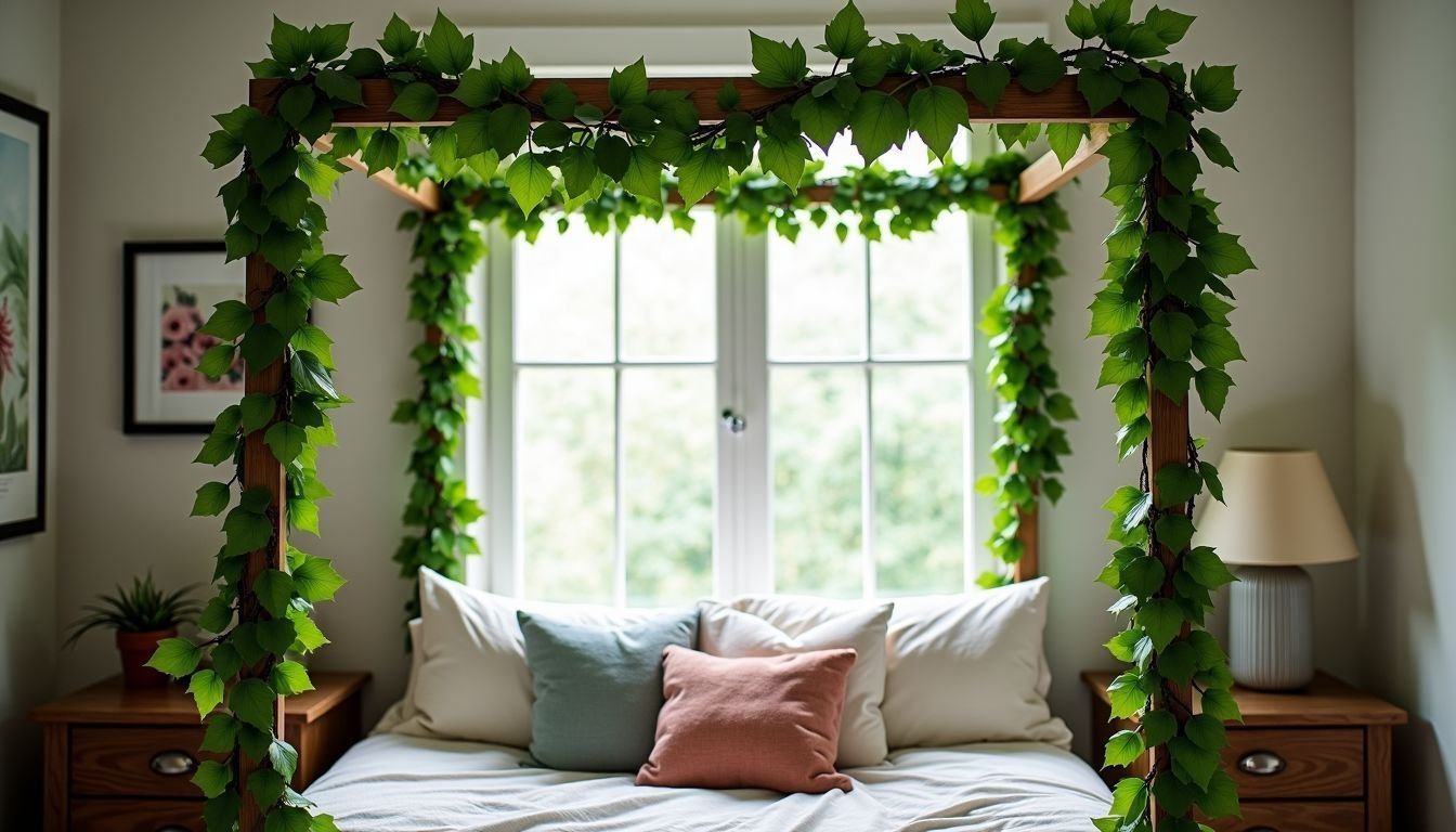 A cosy bedroom with a bed decorated with artificial ivy garlands.