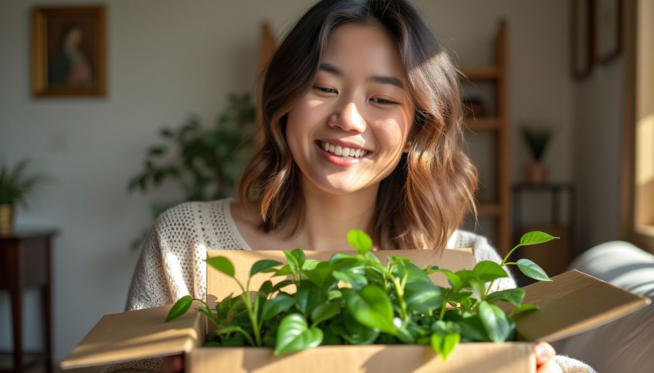 A woman unboxes a plant from Jingxi in her cozy living room.