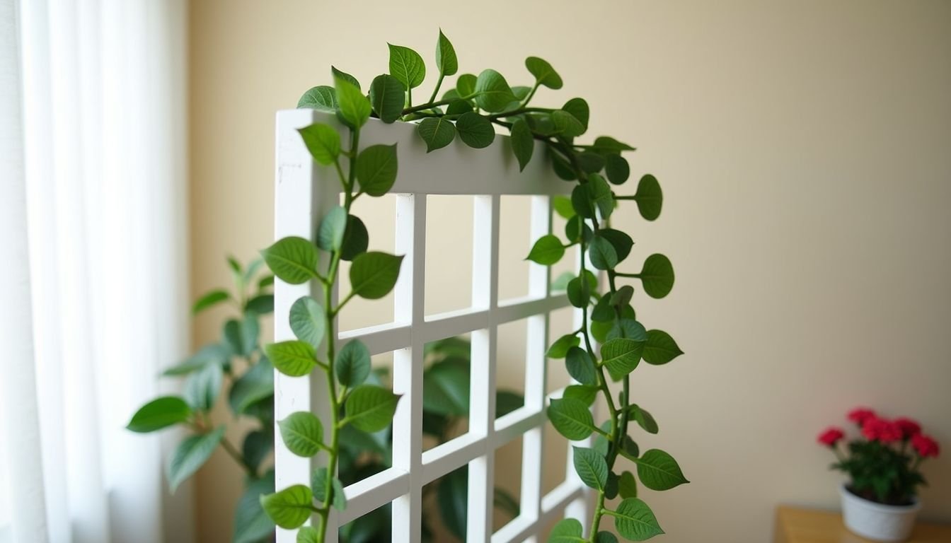 A 190cm Jingxi Artificial Ivy Garland hangs on a white trellis.