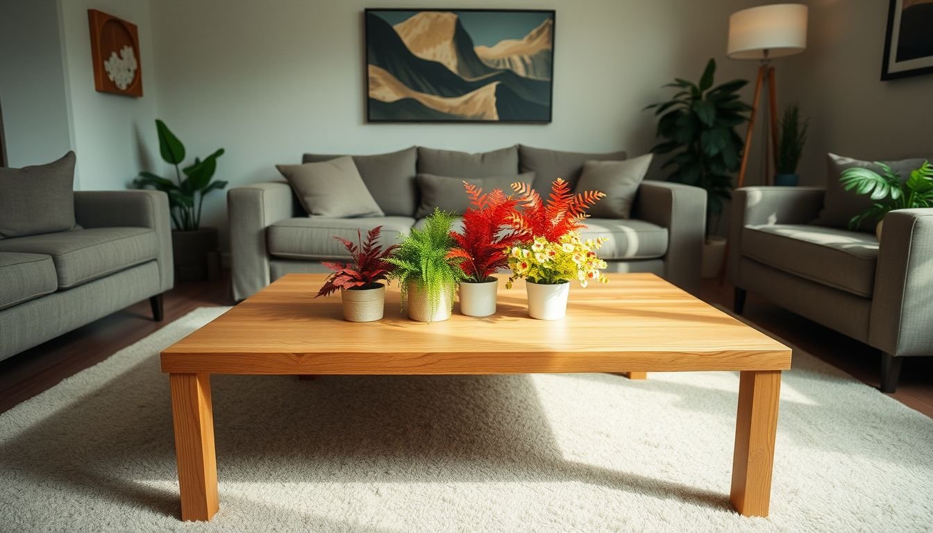 A cozy living room with a wooden coffee table and artificial plants.