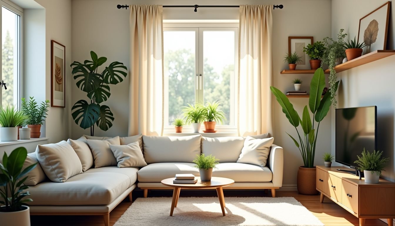 A cozy living room with faux plants and warm atmosphere.