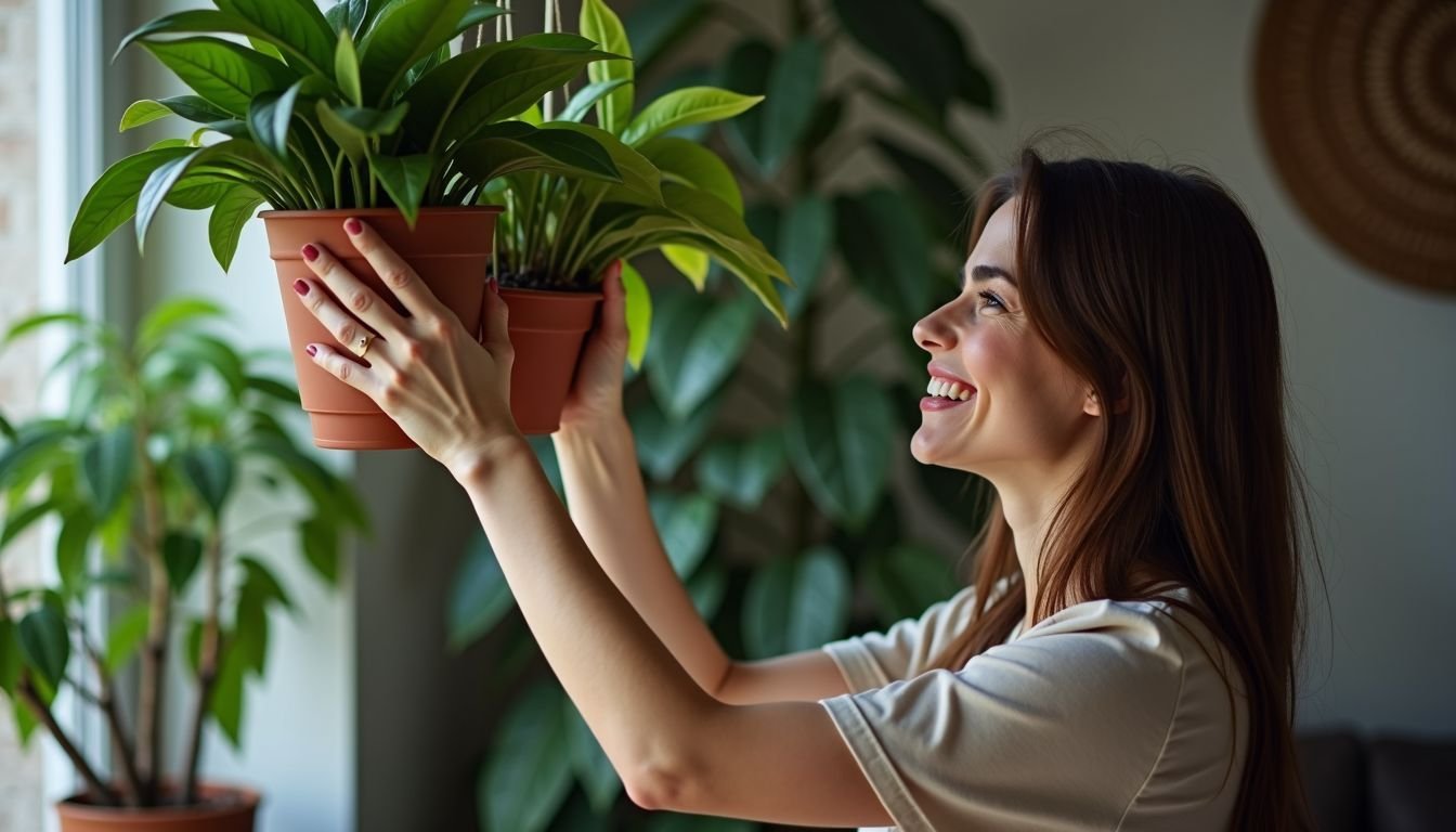 A woman in her 30s hangs lifelike fake plants in her living room.