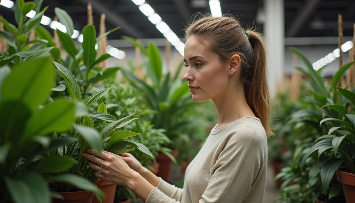 A woman in her 30s browsing artificial plants at a home decor store.