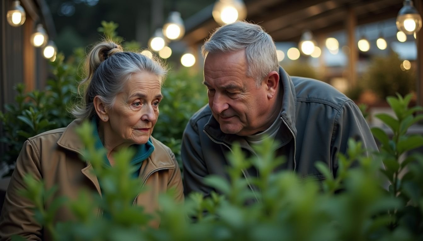 An older couple browses artificial plants in a garden center.