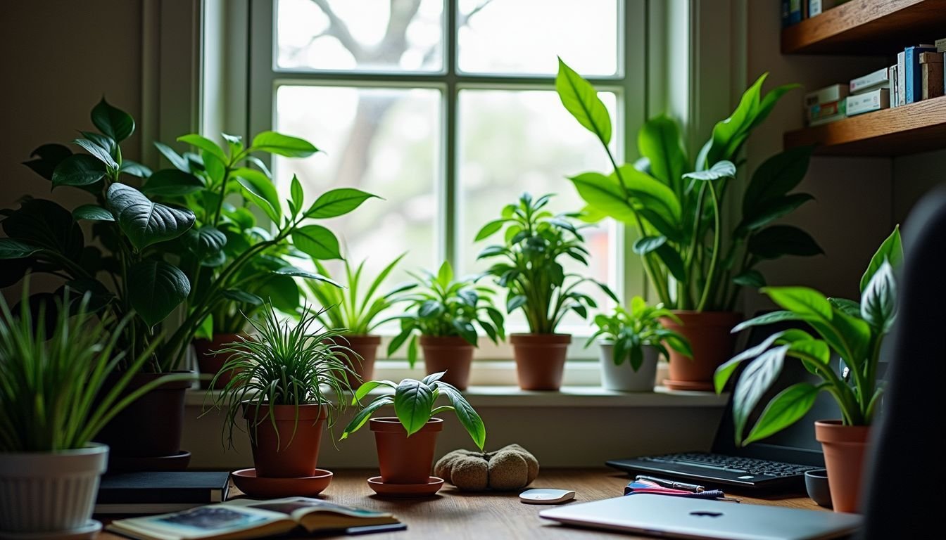 A cluttered workspace filled with various artificial plants of different sizes.