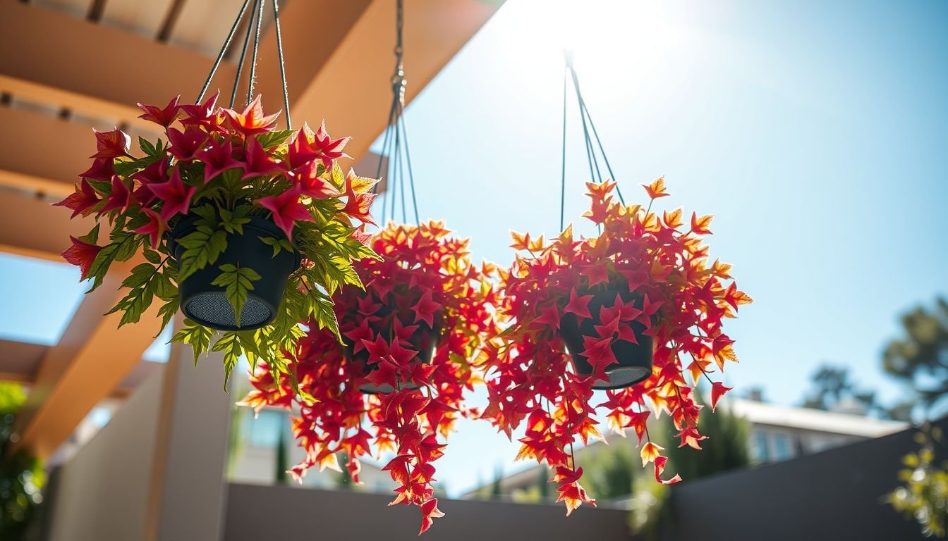 Realistic artificial hanging plants on a pergola in bright sunlight.