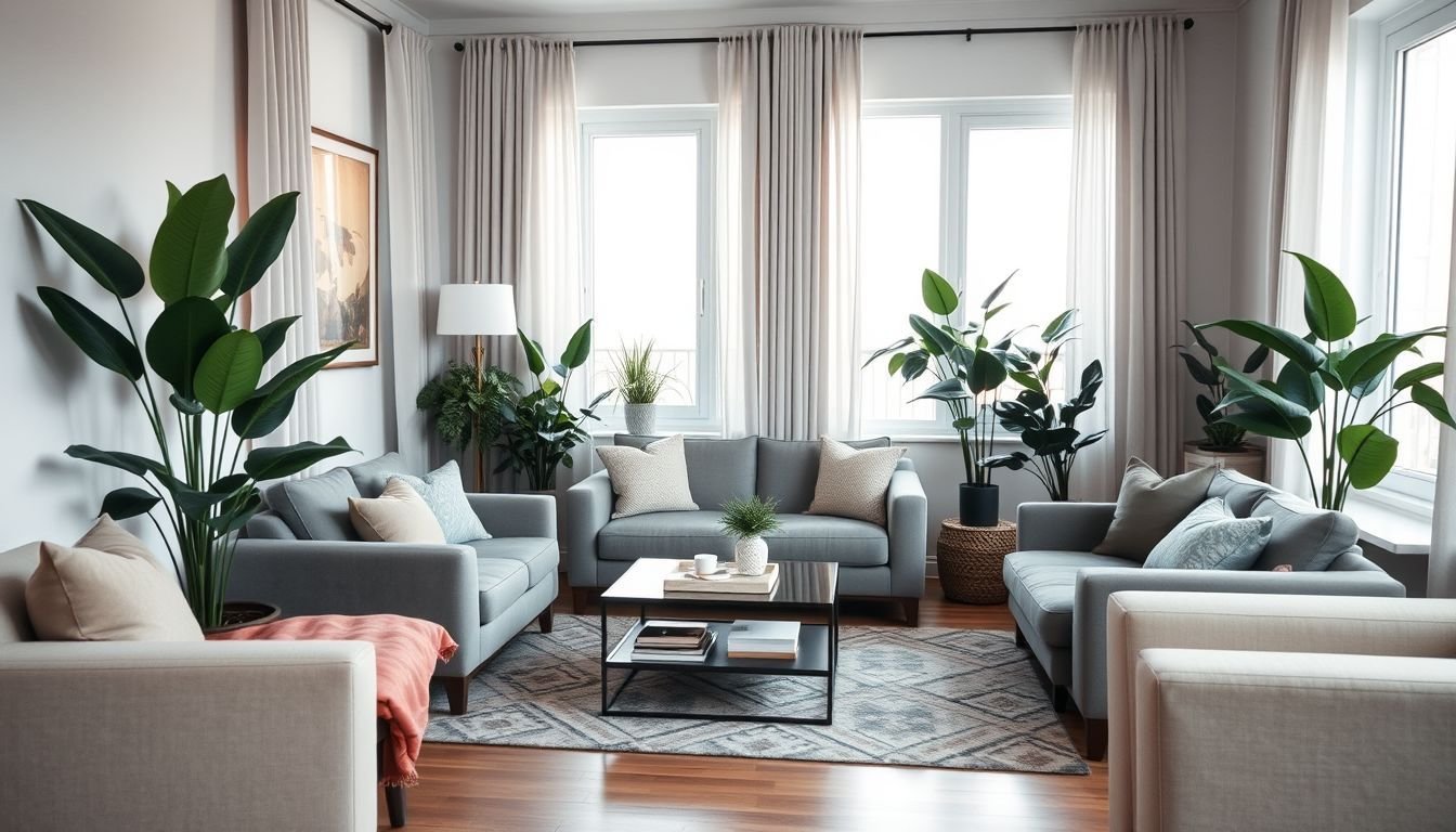 A modern living room with high-quality fake plants and cozy furniture.